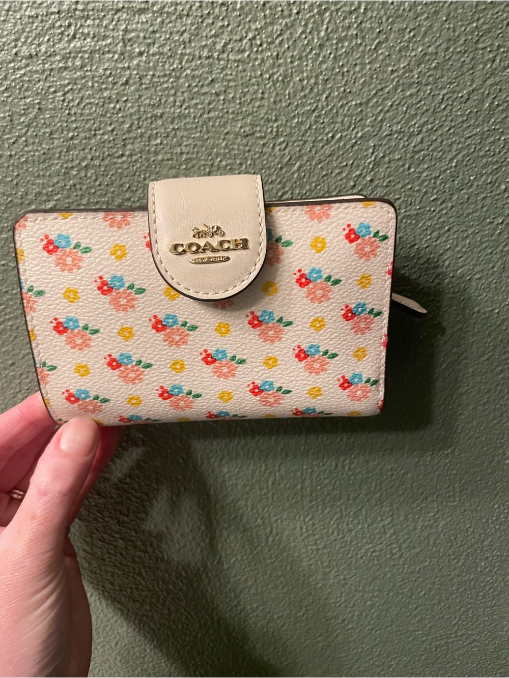 Coach Cream Floral Compact Wallet with Multicolor Blooms